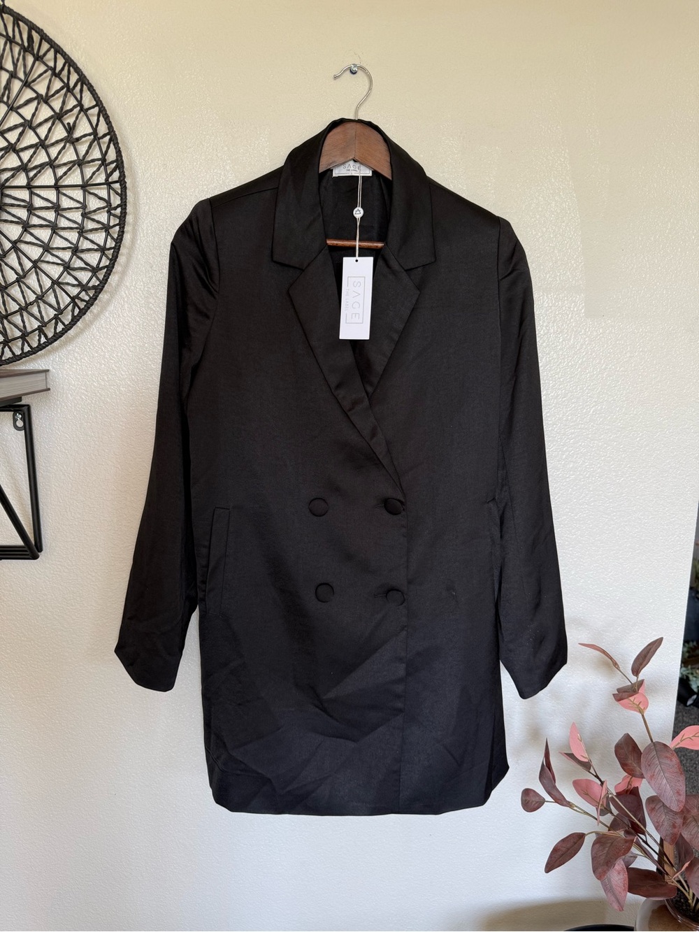 Sage Black Double-Breasted Longline Blazer Jacket